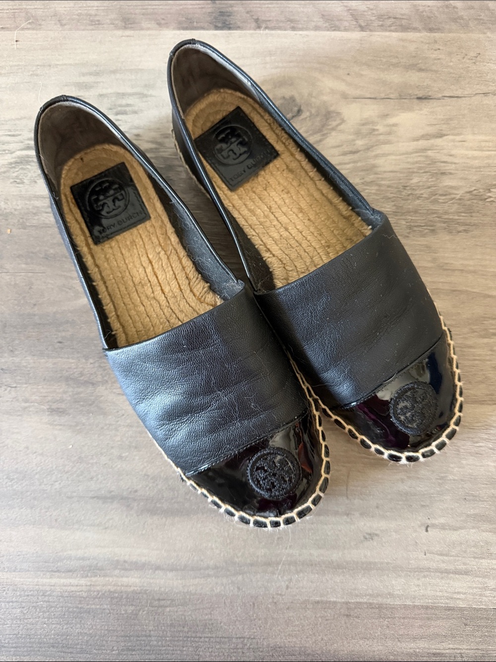 Tory Burch Black Leather Espadrille Flats with Patent Toe Cap